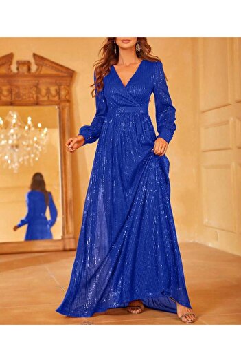 Styling Park Pul Payet V Yaka Uzun Kol Maxi Abiye Elbise