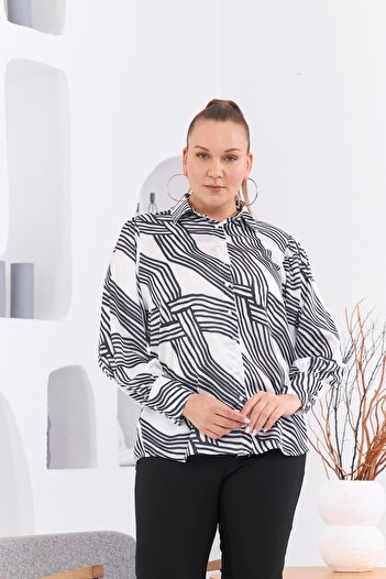 RMG Plus Size Patterned White Satin Shirt