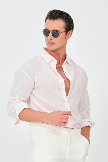 RELAXL Ανδρικό λινό πουκάμισο oversize ροζ ριγέ - 100% βαμβάκι, μακρυμάνικο