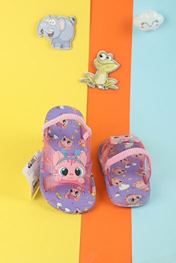 Moda Lime Kedi Figür Pembe Detay Kaydırmaz Poliüretan Tabanlı Yumuşak Doku Çocuk Terlik Plaj Havuz Terliği