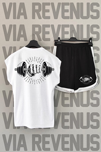 Vordevia White Crew Neck and Black Sports Shorts Set - Zero Sleeve Gym Back Printed Sports T-Shirt