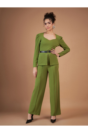 Sassafras By Styli Belted Peplum Top & Pintuck Straight Pants Co-Ord