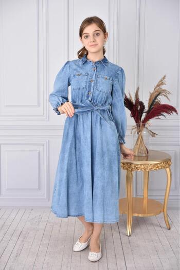 Asortix Girl's - Washed Denim Fabric Cotton Long Jeans Jean Dress