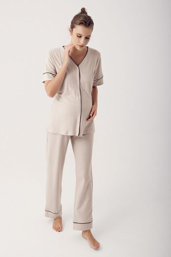 Artış Flexible Viscous Short Sleeve Maternity Pajamas Set - Buttoned 14209