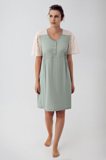 Artış Stretchy Viscous Maternity Nightgown - Short Sleeve, Lace and Button