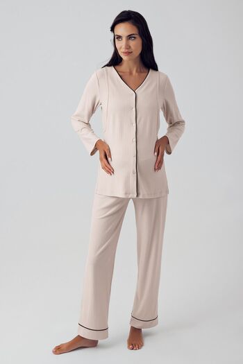 Artış Flexible Viscous Maternity Pajamas Set - Long Sleeve and Buttoned