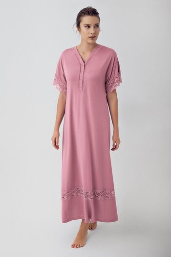 Artış Stretchy Viscous Short Sleeve Nightgown - Button and Lace