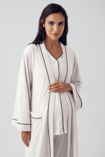 Artış Flexible Viscous Maternity Pajamas and Dressing Gown Set - Long Sleeve, Buttoned