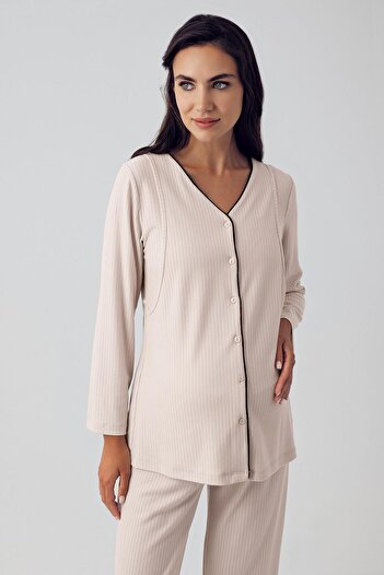 Artış Flexible Viscous Maternity Pajamas Set - Long Sleeve and Buttoned