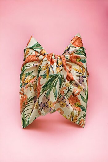 pistore New Season Cream Tropical Orange Swan Patterned Satin Women's Beach Dress - Short Pareo