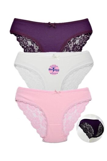 MİSS ELİZZA 4400 Model Back Lace Panties - Purple, Ecru, Pink Set of 3