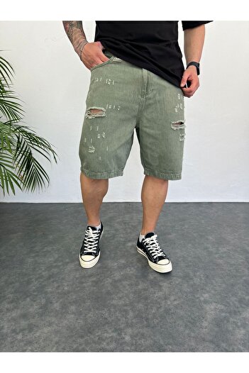 Oliggopol Men's Green Premium Baggy Fit Jeans Capri Ripped Denim Shorts