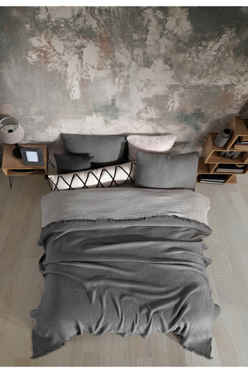 destinyhometex Anthracite 4 Layer Multi Muslin 100% Cotton King Size Bedspread 240X260 cm King Size