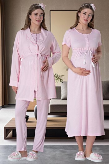 LOHOUSE Pink Striped Maternity Nightie and Dressing Gown Set