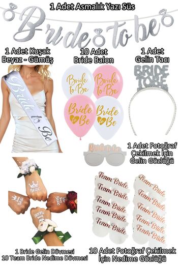 Huzur Party Store 35 Pieces Silver Bride to Be Set - Sash and Forged Crown Balloon Ornaments for Bachelorette and Farewell Party