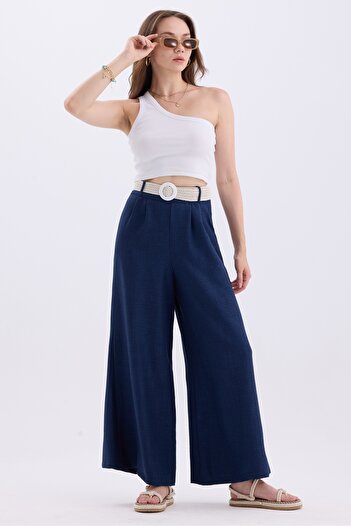MD trend Linen Blended Loose Summer Trousers - Women's, Belt and Elastic Waist