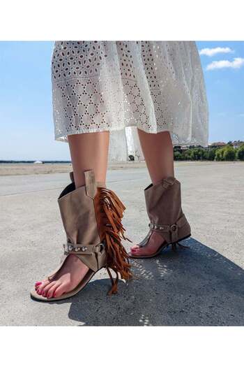 Sibel Durmaz Florida Nude Suede Tan Tassel Detailed Troc Gladiator
