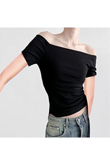 Köstebek Boat Neck Detail Basic Short Sleeve Half Black Body