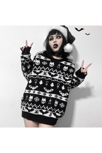 Köstebek Black Gothic Patterned Oversize Sweater