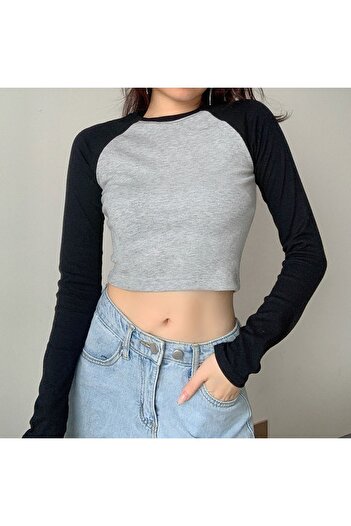 Köstebek Plain Gray Sleeves Black Raglan Half Body