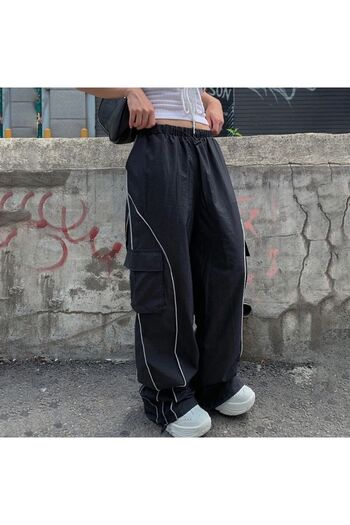 Köstebek Ars Line Detail Baggy Parachute Fabric Comfortable Black Trousers