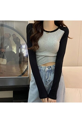 Köstebek Plain Gray Sleeves Black Raglan Half Body