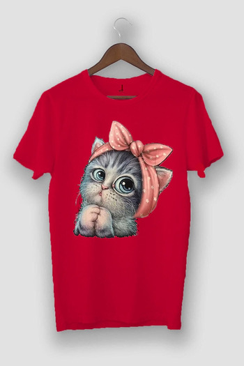 EFFRENATU Oversize Unisex Red Cute Little Cat Printed T-Shirt