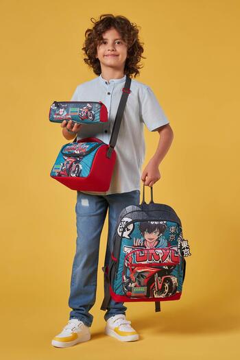 Coral High 3-Piece Gray Nefti Anime Motorcycle Patterned School Bag Set - SET0123764