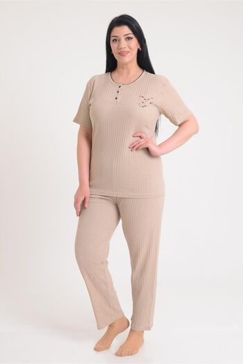 PİNKMARK Women's Beige Short Sleeve Embroidered Plus Size Pajama Set Pmtk25603
