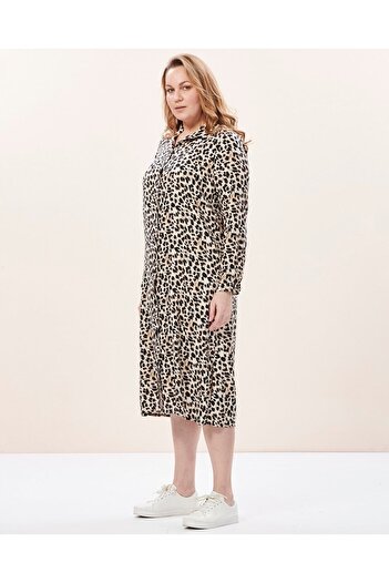 EVEN plus size Leopar Desenli Viskon Cepli Büyük Beden Gömlek Elbise