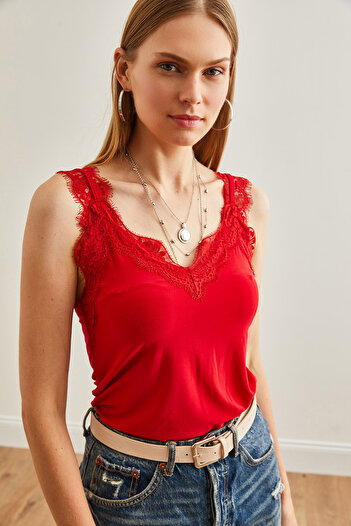 Olalook Red Lace Crepe Blouse - BLZ-19002690