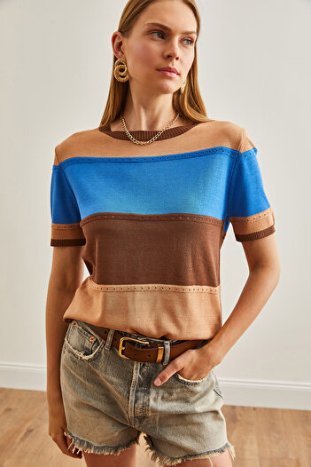 Olalook Camel Hair Color Blocked Women's Knitwear Blouse - Mercerized Flowy BLZ-19002640