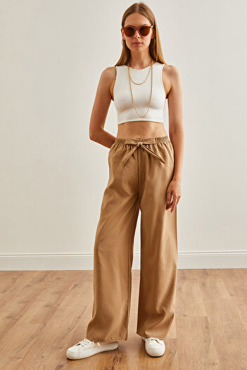Olalook Dark Beige Palazzo Trousers - Belted and Elastic Waist, PNT-19000200