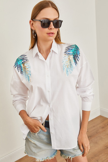 Olalook Detailní dámská košile White Leaf Sequin - GML-19001226