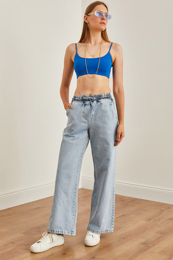 Olalook Light Blue Palazzo Denim Trousers - Lace-up Waist, Pocket PNT-19000285