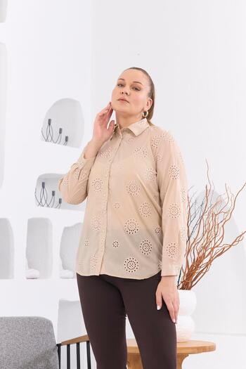 RMG Plus Size Mink Shirt - Perforated and Lace Detailed
