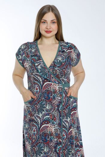 İntensive Plus Size Patterned Cotton Kimono Collar Dress