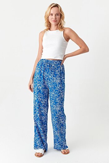 Select Moda Kadın Mavi Beli Lastikli Desenli Viskon Pantolon