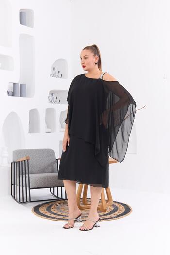 RMG Plus Size Black Chiffon Dress - Shoulder Stone Printed