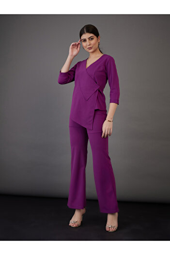 Sassafras By Styli Asymmetrical Hem Wrap Top & Flared Pants Co-Ord