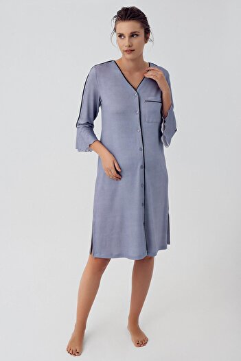Artış Buttoned Three Quarter Sleeve Short Stretchy Viscose Maternity Nightgown