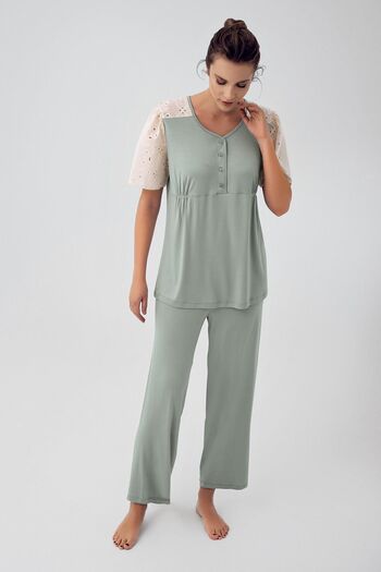 Artış Flexible Viscous Maternity Pajamas Set - Short Sleeve, Lace and Button
