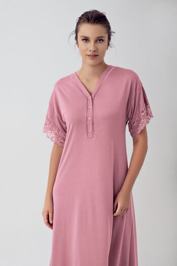 Artış Stretchy Viscous Short Sleeve Nightgown - Button and Lace