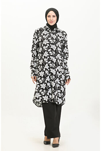 sefamerve Patterned Plus Size Shirt Tunic - 2022D-04 Black