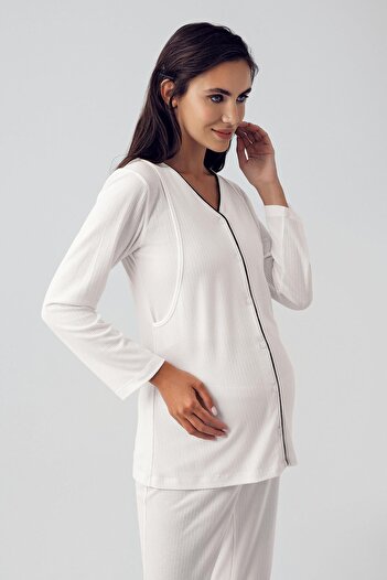 Artış Flexible Viscous Maternity Pajamas Set - Long Sleeve and Buttoned
