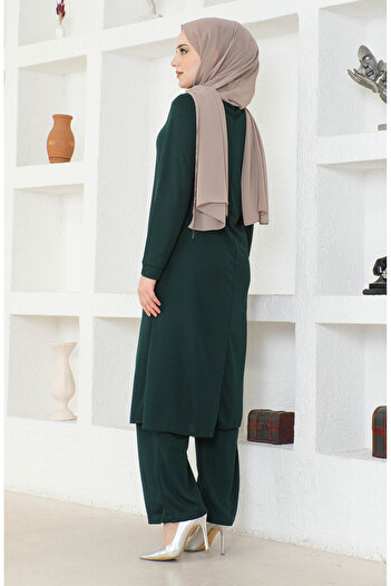 sefamerve Emerald Green Necklace Tunic and Pants Set - 0580-08
