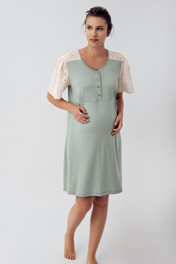 Artış Stretchy Viscous Maternity Nightgown - Short Sleeve, Lace and Button