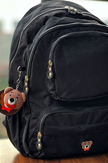 NEMO BAGS Unisex Black Backpack School, Laptop and Travel Bag Waterproof with Amigurumi Teddy Bear