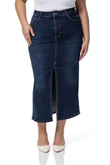 DISENTIS MODEST Five-Pocket Midi Denim Navy Blue Skirt - Plus Size, Front Slit Detail
