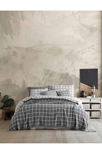 destinyhometex Gray Checkered King Size 240X260Cm Bedspread/2 Pieces 50X70Cm Pillow 4 Layer Multi Muslin 100% Cotton